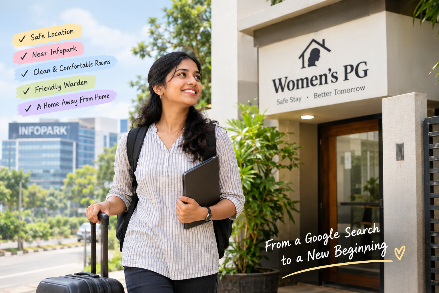A young working woman arriving at a women PG near Infopark in Kakkanad, Kochi, with her luggage.